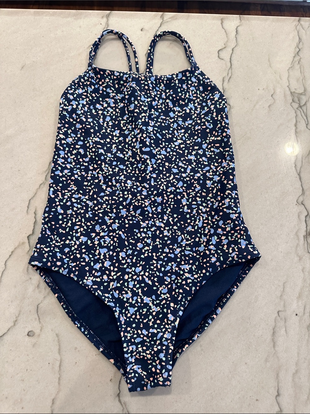 Athleta Girl Navy Confetti Print One-Piece Swimsuit. Like New. Size 8-10